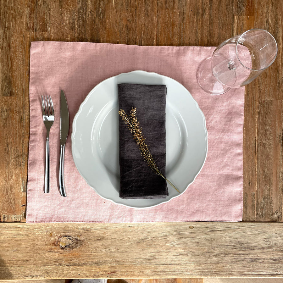 charcoal linen napkin and pink placemats