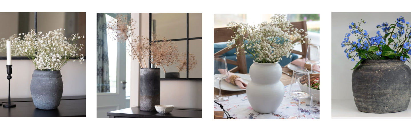 Range of vases, grey vase, white vase, rustic vase.