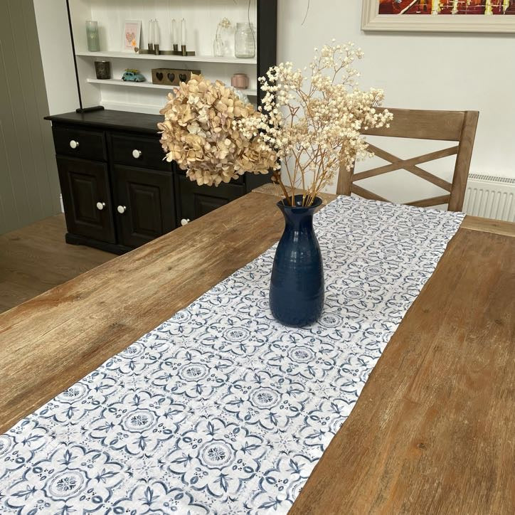 blue and white linen table runner