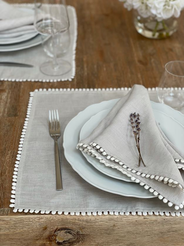 Light Grey Pom Pom Trim Placemat