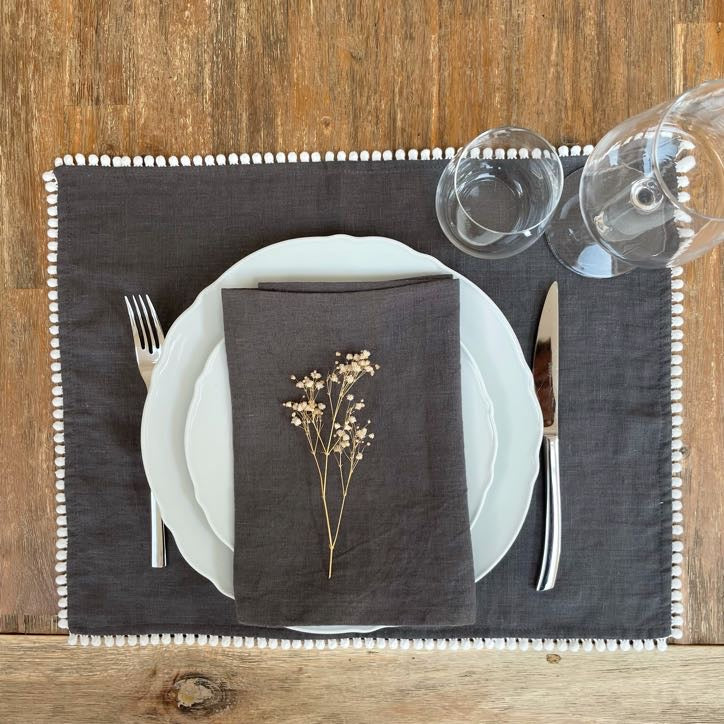 Charcoal Pom Pom Trim Placemat,  Set of 2